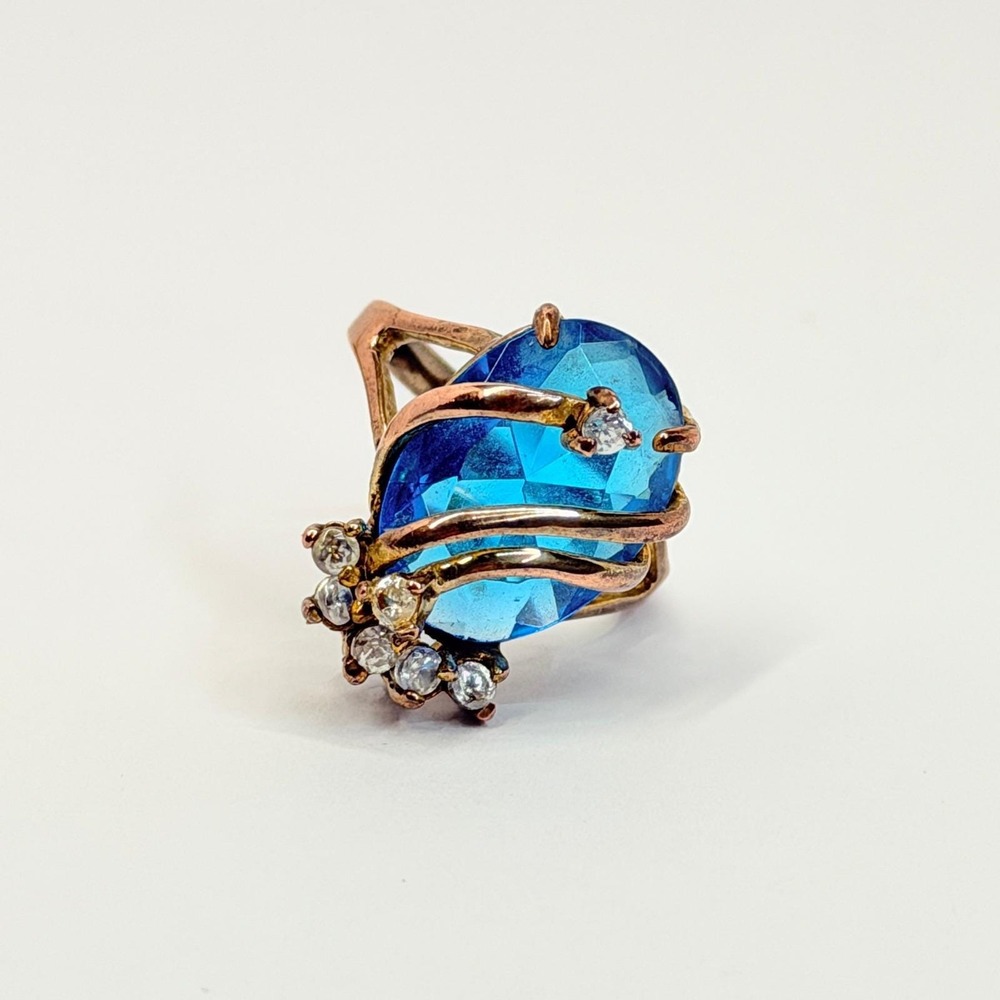 Vintage Gold Swiss Blue Topaz Diamond Bypass Cocktail Ring 10K Yellow Rose Mixed